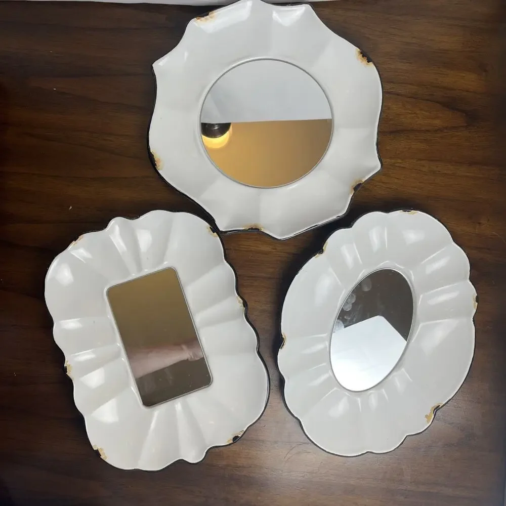 3 Piece White Mirror Set Shabby Chic Distressed Farmhouse Faux-Enamelware Rustic